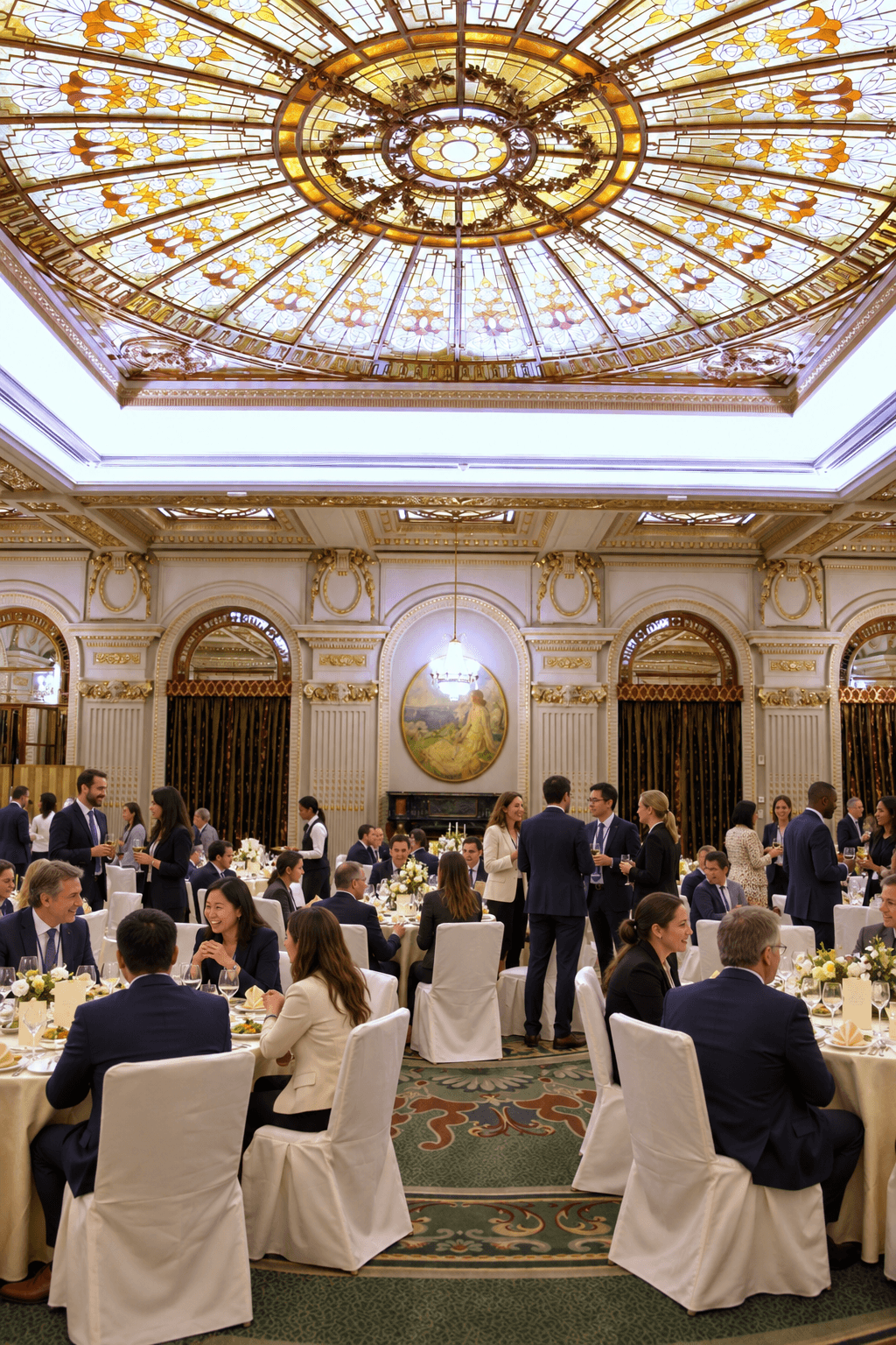 A gala dinner beneath a stained-glass dome