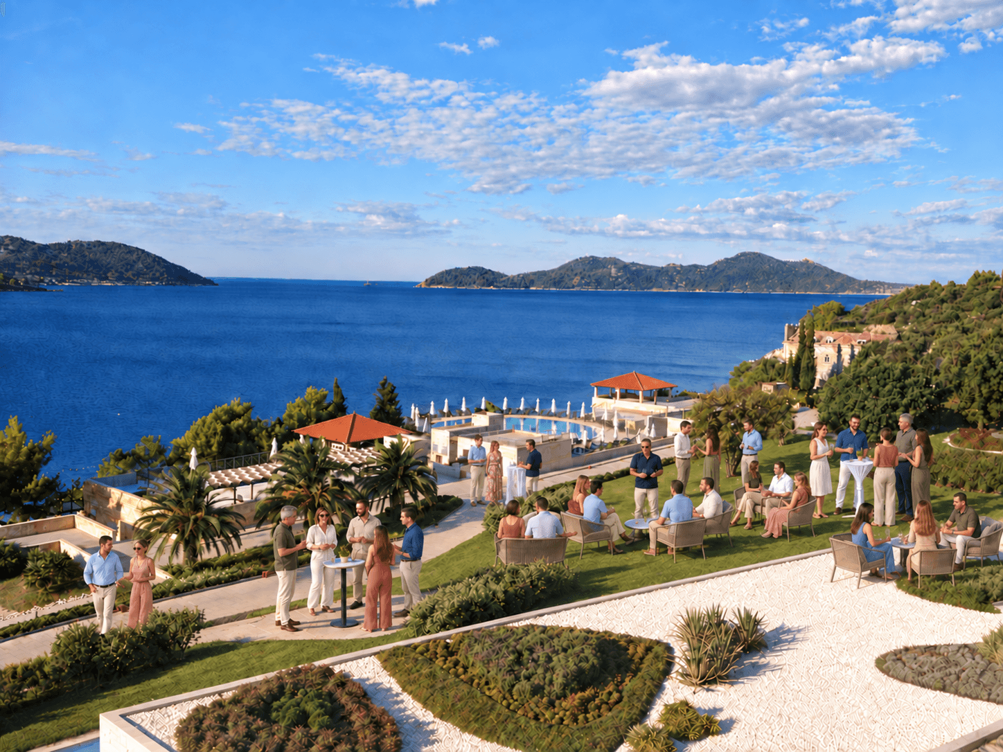 Guests networking on a seaside terrace overlooking the coast