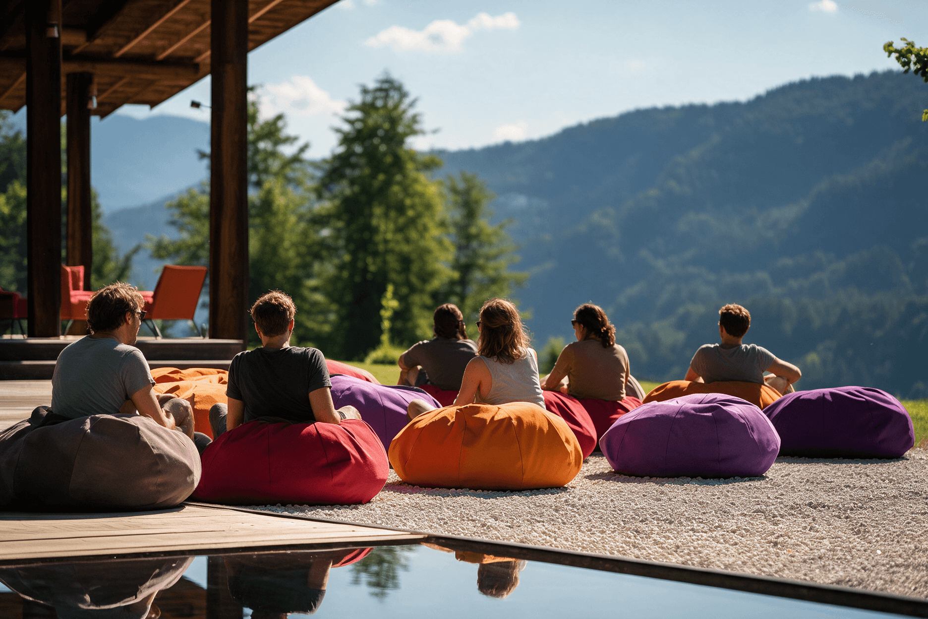 A group relaxing together overlooking the mountains