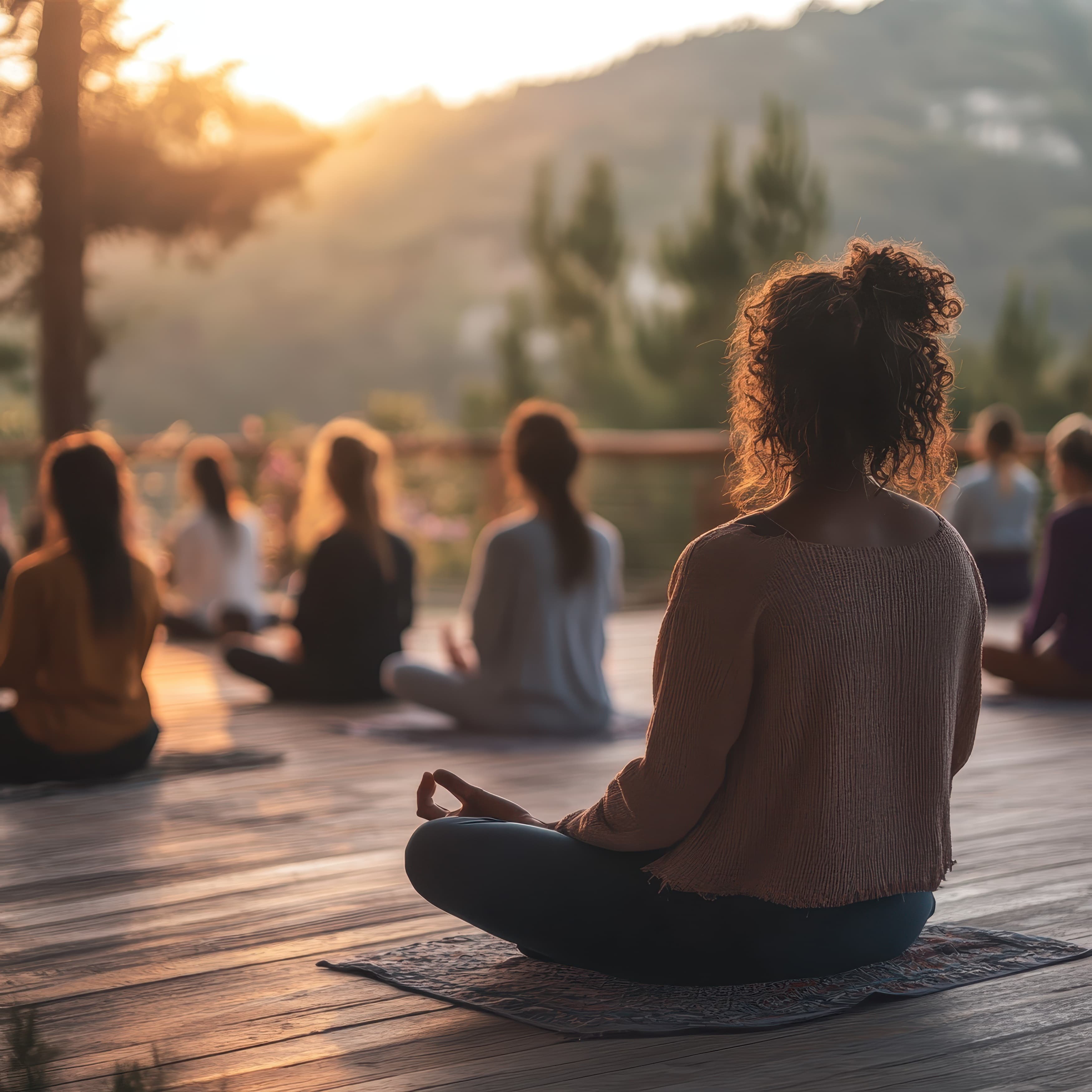 A group meditating at sunset during a retreat