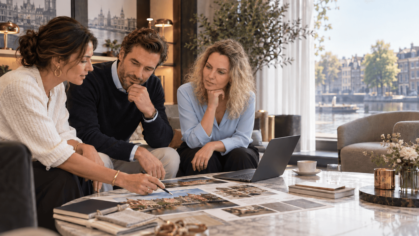 The End2End Hospitality team reviewing a program in Amsterdam